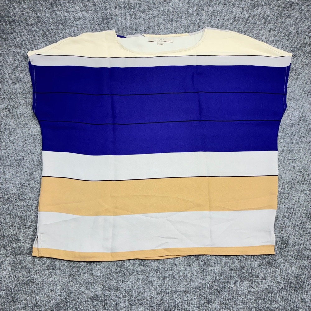 LOFT Petites Striped Cap Sleeve Blouse Top Women SP Beige Blue White Workwear